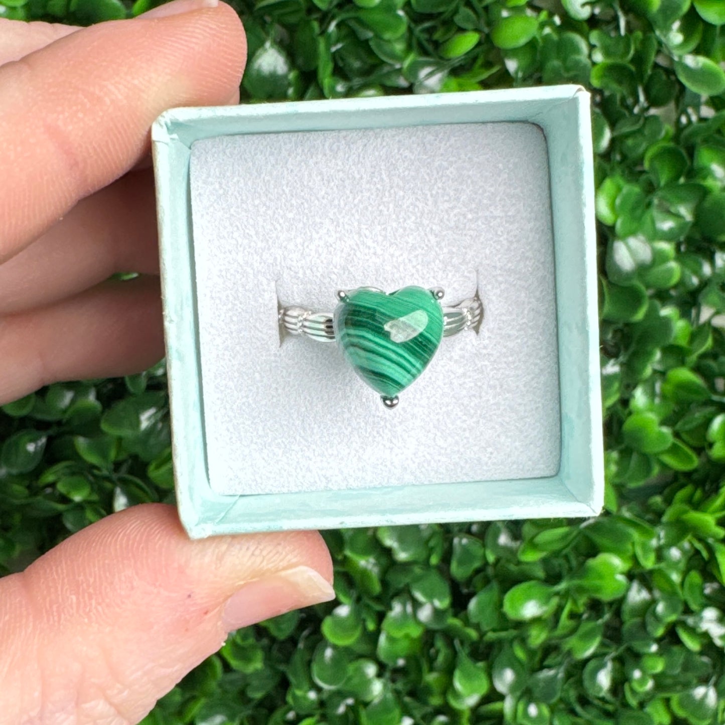 925 Sterling silver adjustable malachite heart ring