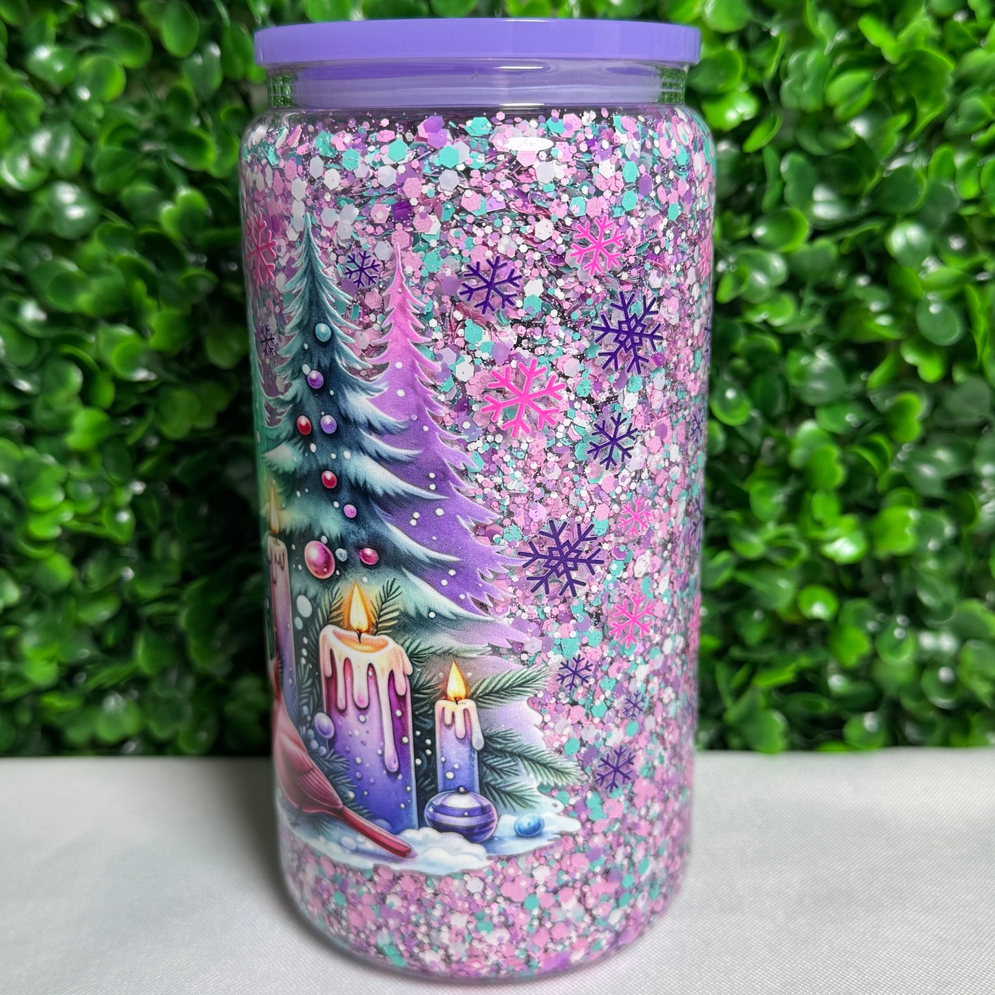 16oz Glass Purple Snowman UVDTF glitter snowglobe cup