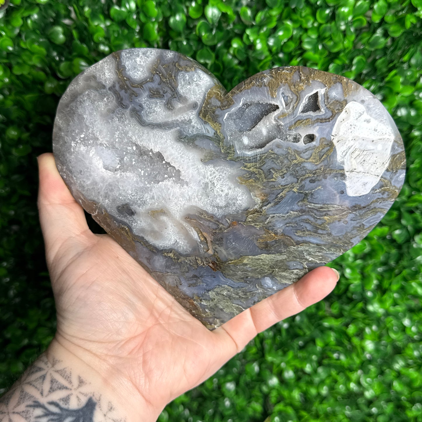 Large statement Moss Agate Heart on a stand