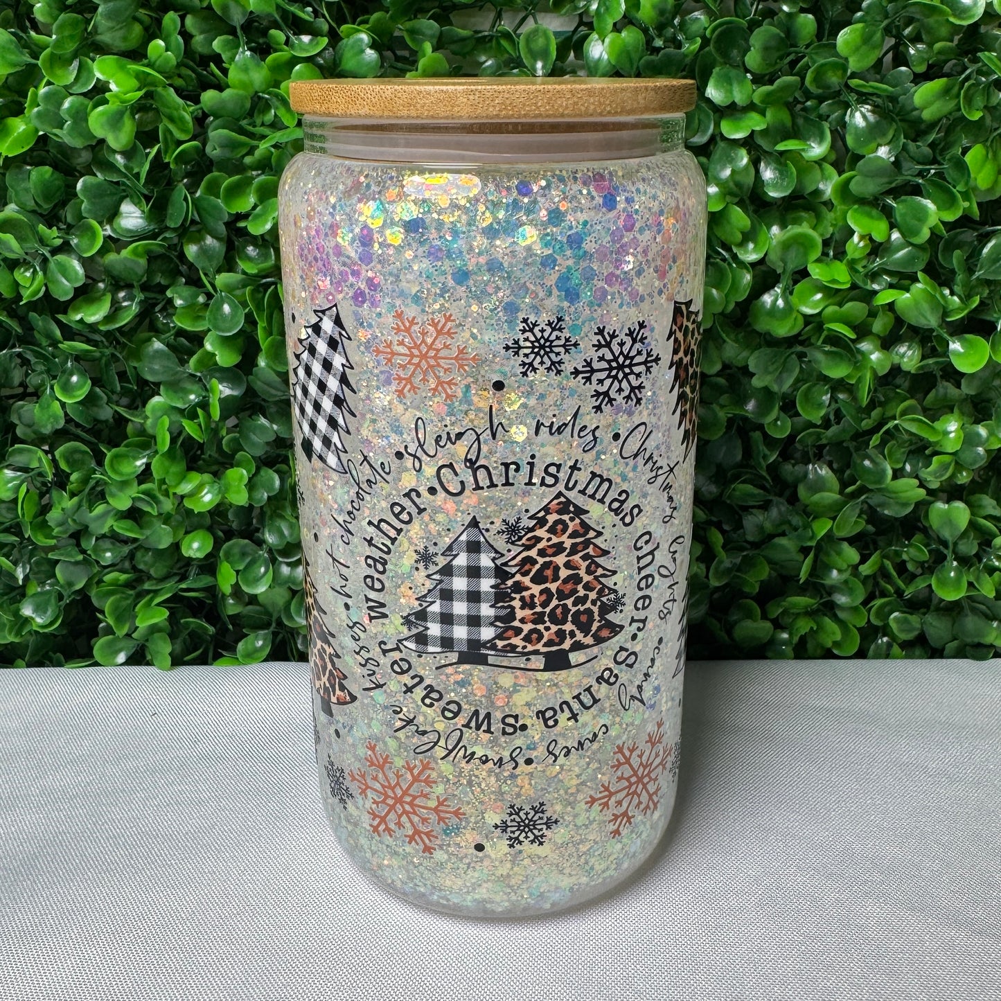 16oz Plaid and Animal Print Tree UVDTF glitter snowglobe cup