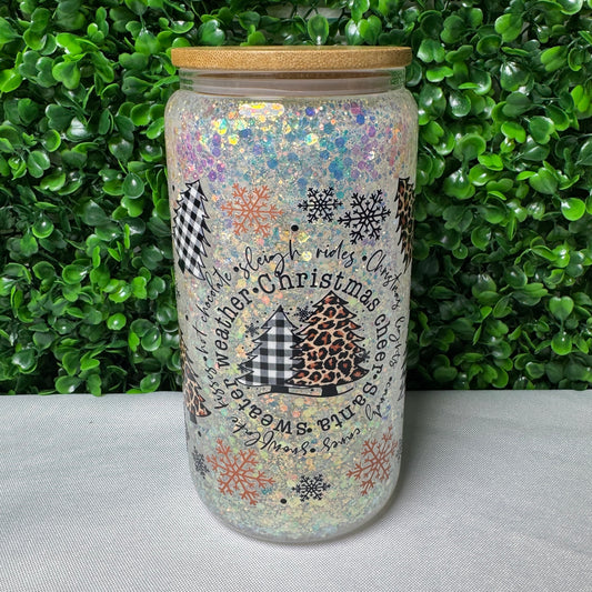 16oz Plaid and Animal Print Tree UVDTF glitter snowglobe cup