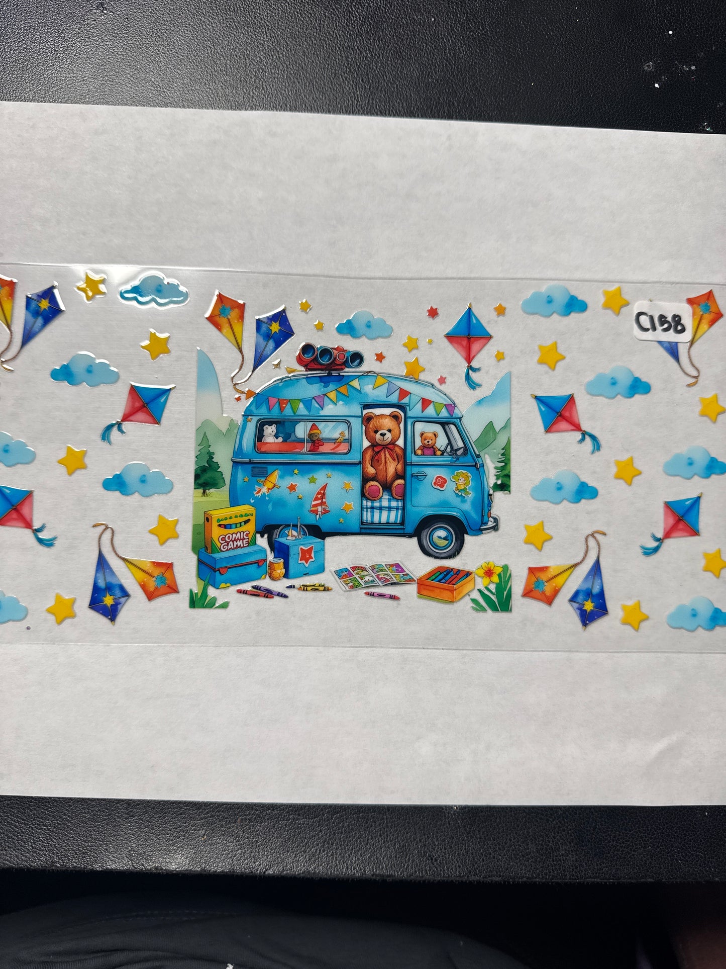 C158 teddy bear with kites and clouds uvdtf wrap