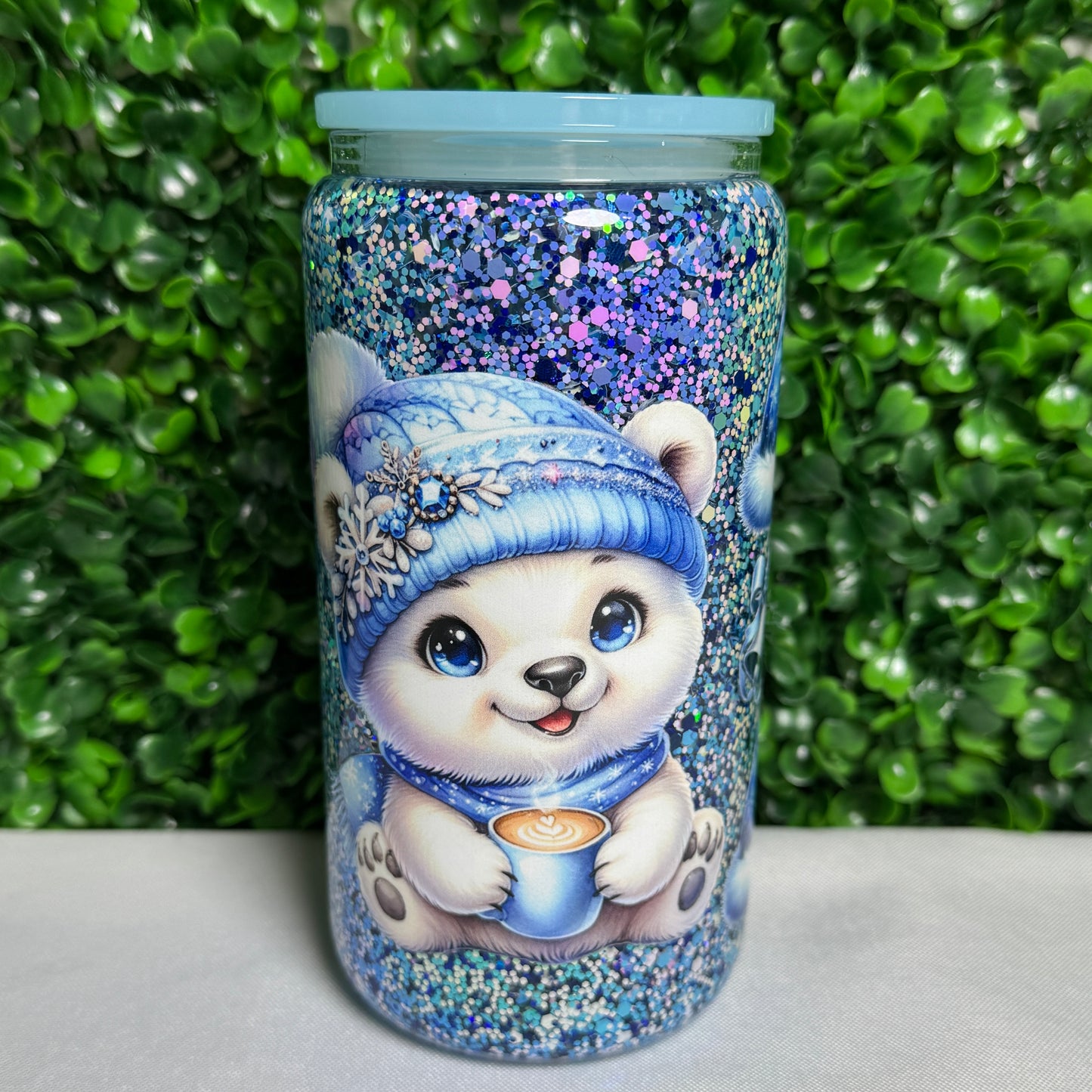 16oz Glass Blue Winter Bear UVDTF snowglobe glitter cup