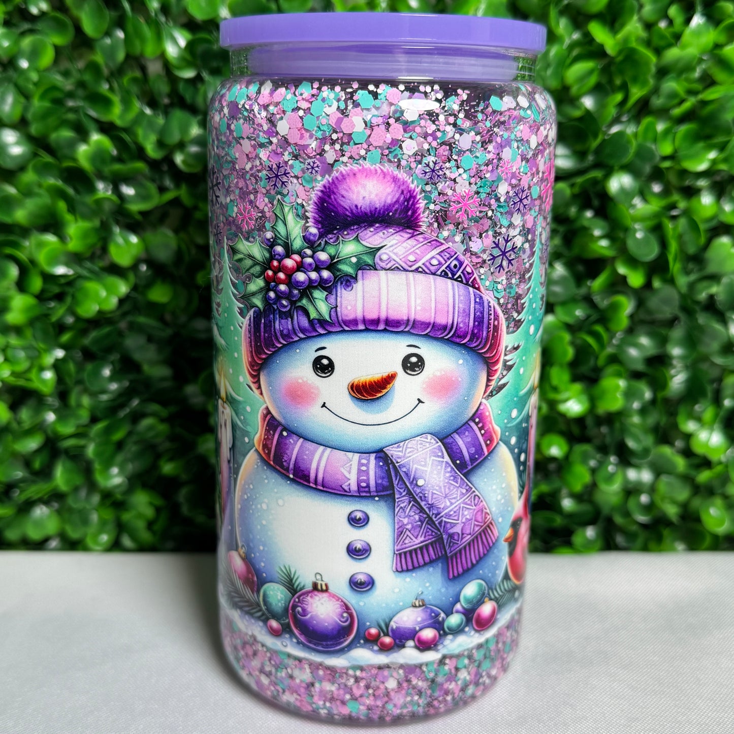 16oz Glass Purple Snowman UVDTF glitter snowglobe cup