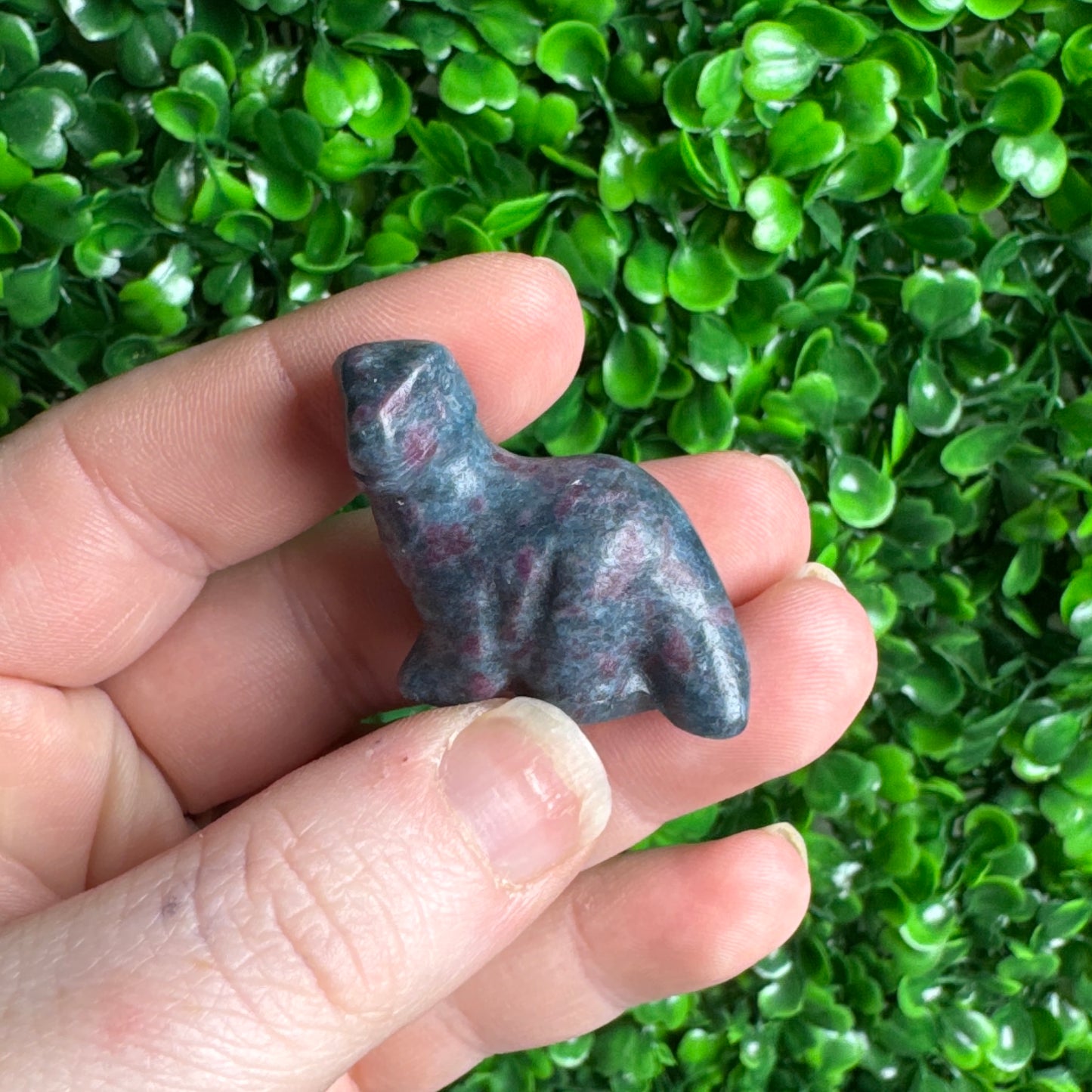 Intuitively chosen mini Ruby and kyanite Dino carving