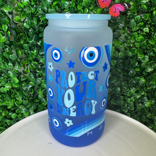 16oz Dark Blue Glass Protect Your Energy UVDTF cup