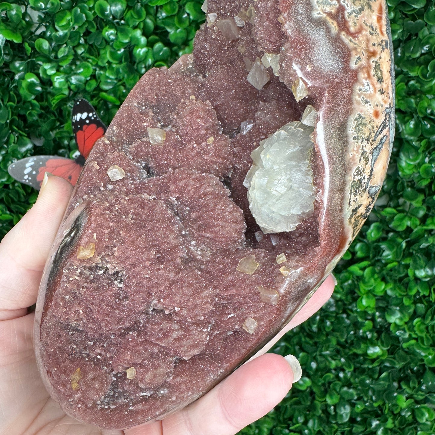 Statement Red Amethyst Freeform on a stand with red Jasper and calcite inclusions