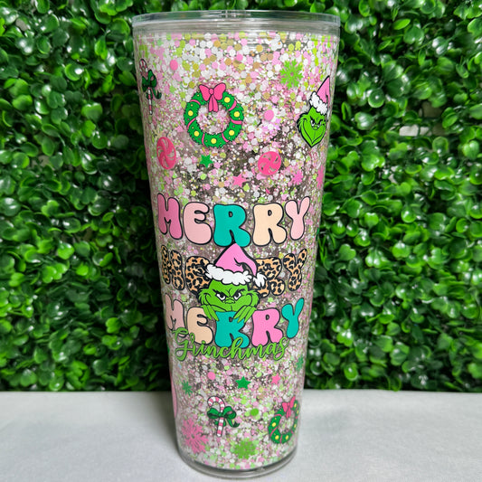 24oz Acrylic Pink Green Grumpy Man UVDTF snowglobe glitter tumbler cup