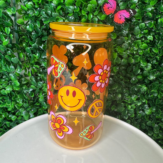 16oz UVDTF orange retro smiley cup