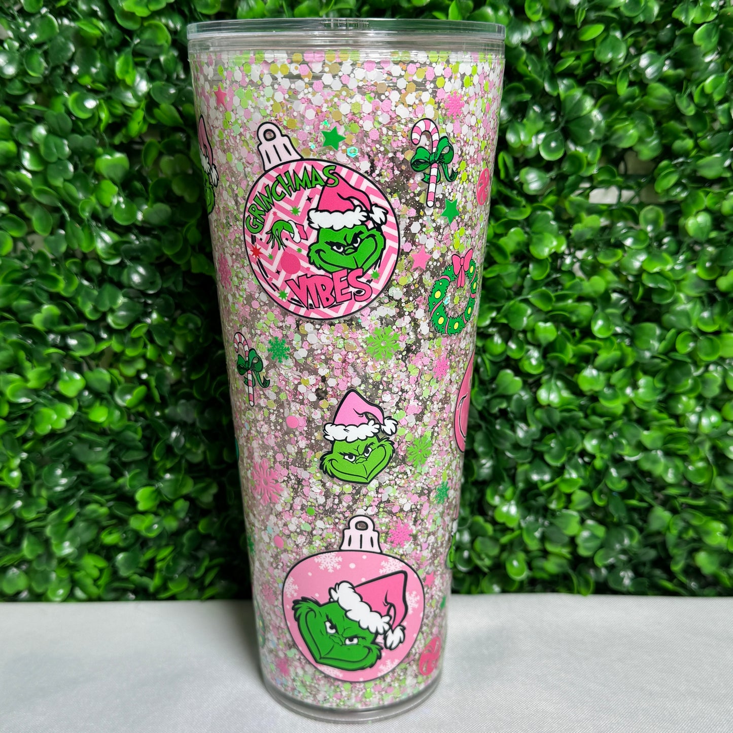 24oz Acrylic Pink Green Grumpy Man UVDTF snowglobe glitter tumbler cup