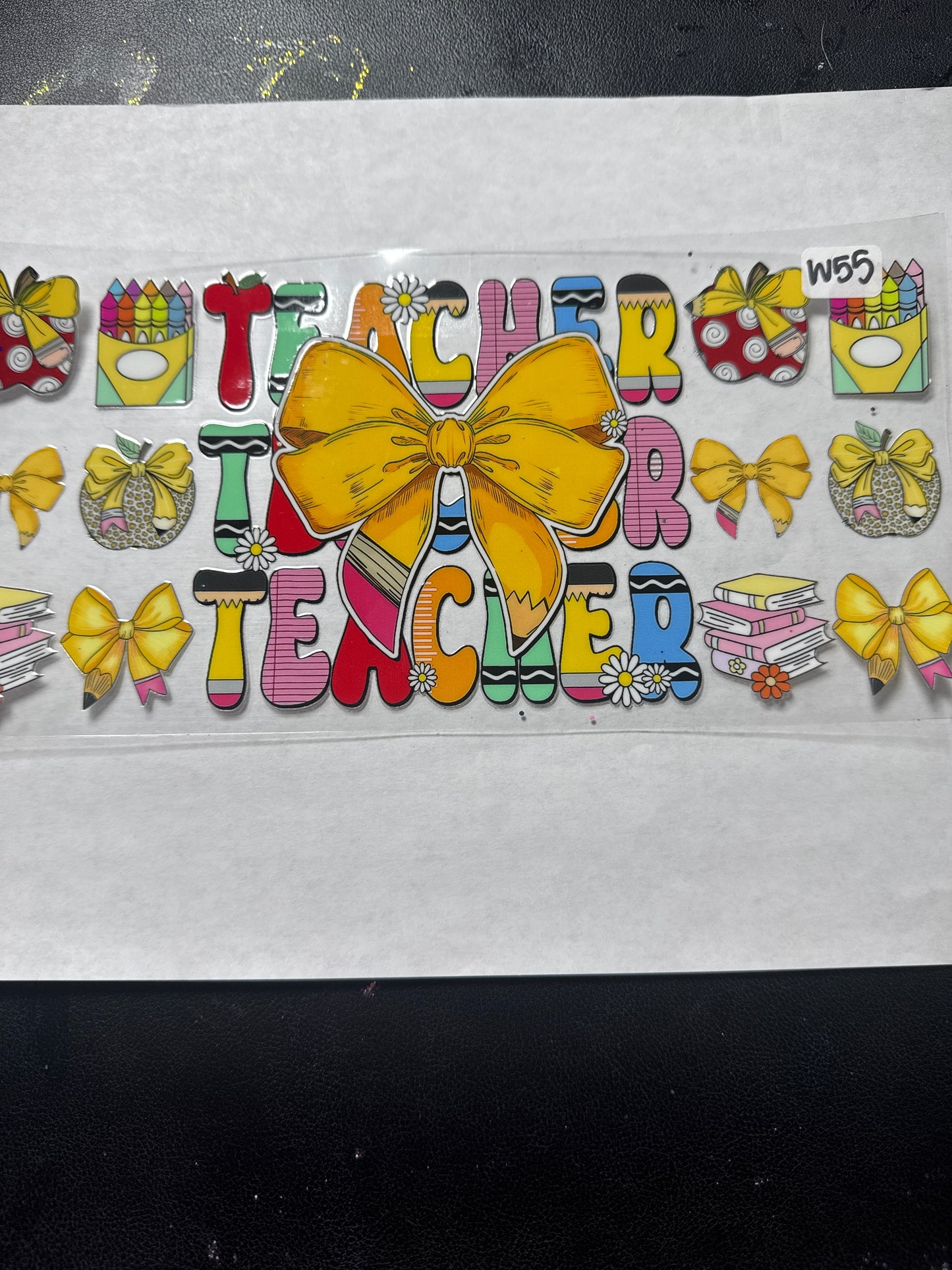 W 55 Teacher uvdtf wrap with bows, books and colored pencils