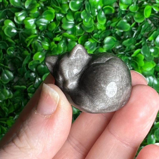 Silver Sheen Obsidian Sleeping Kitty Carving