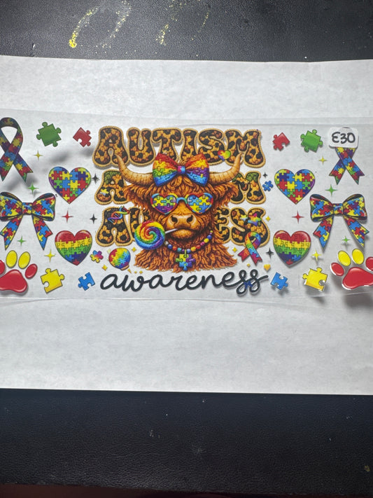E 30 Autism awareness uvdtf wrap with a highland cow