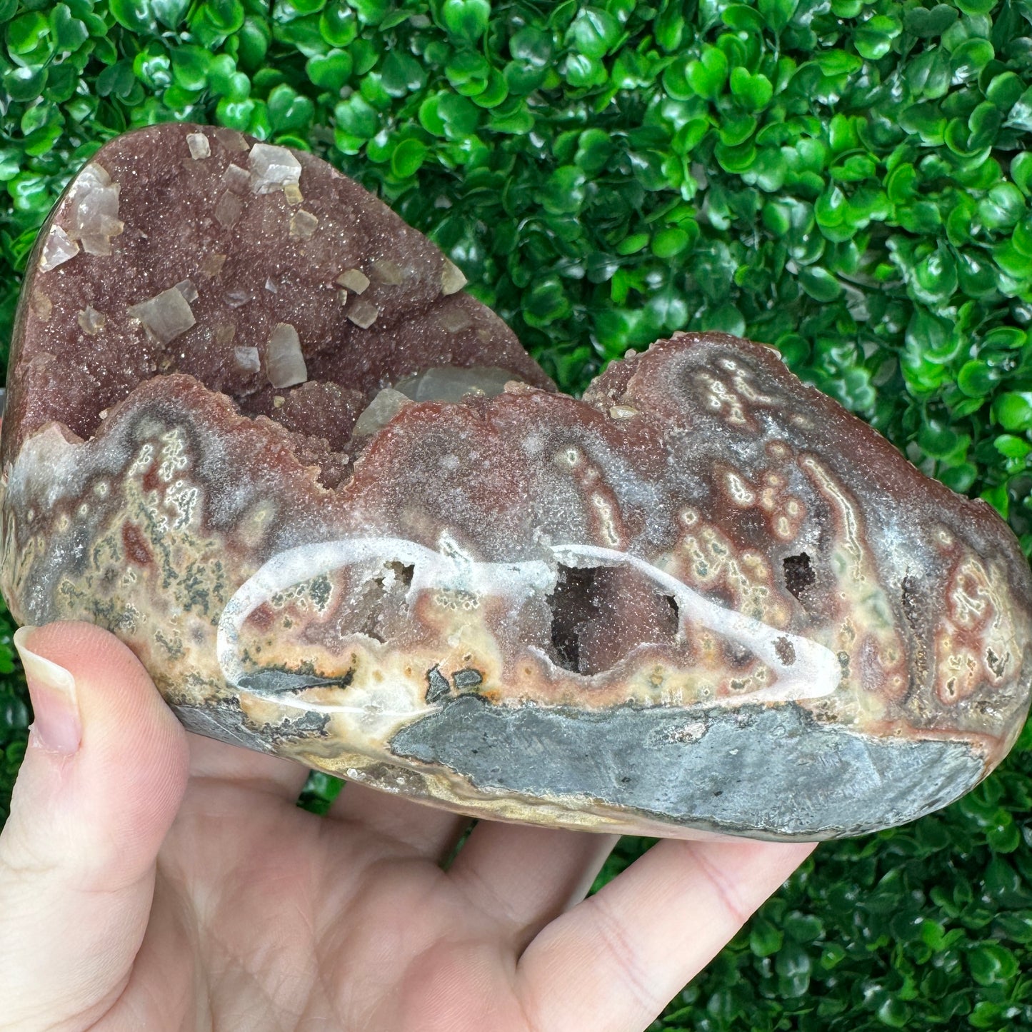 Statement Red Amethyst Freeform on a stand with red Jasper and calcite inclusions