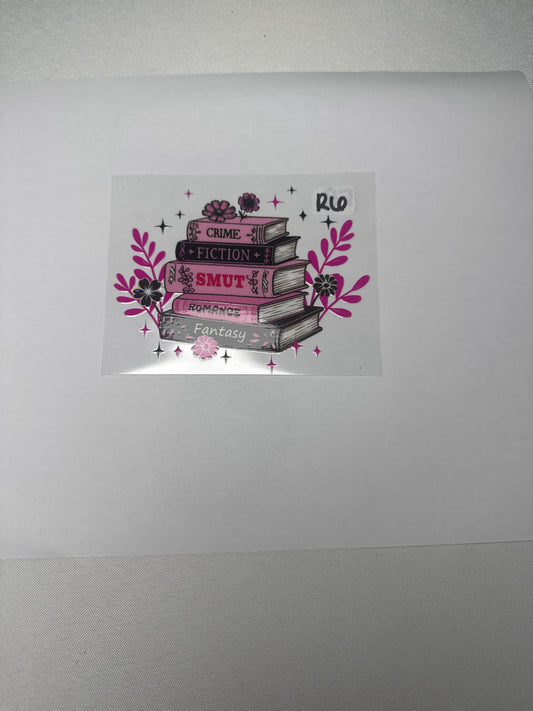 Romance Fantasy Crime Smut romance and fiction book stack UVDTF cup decal R6