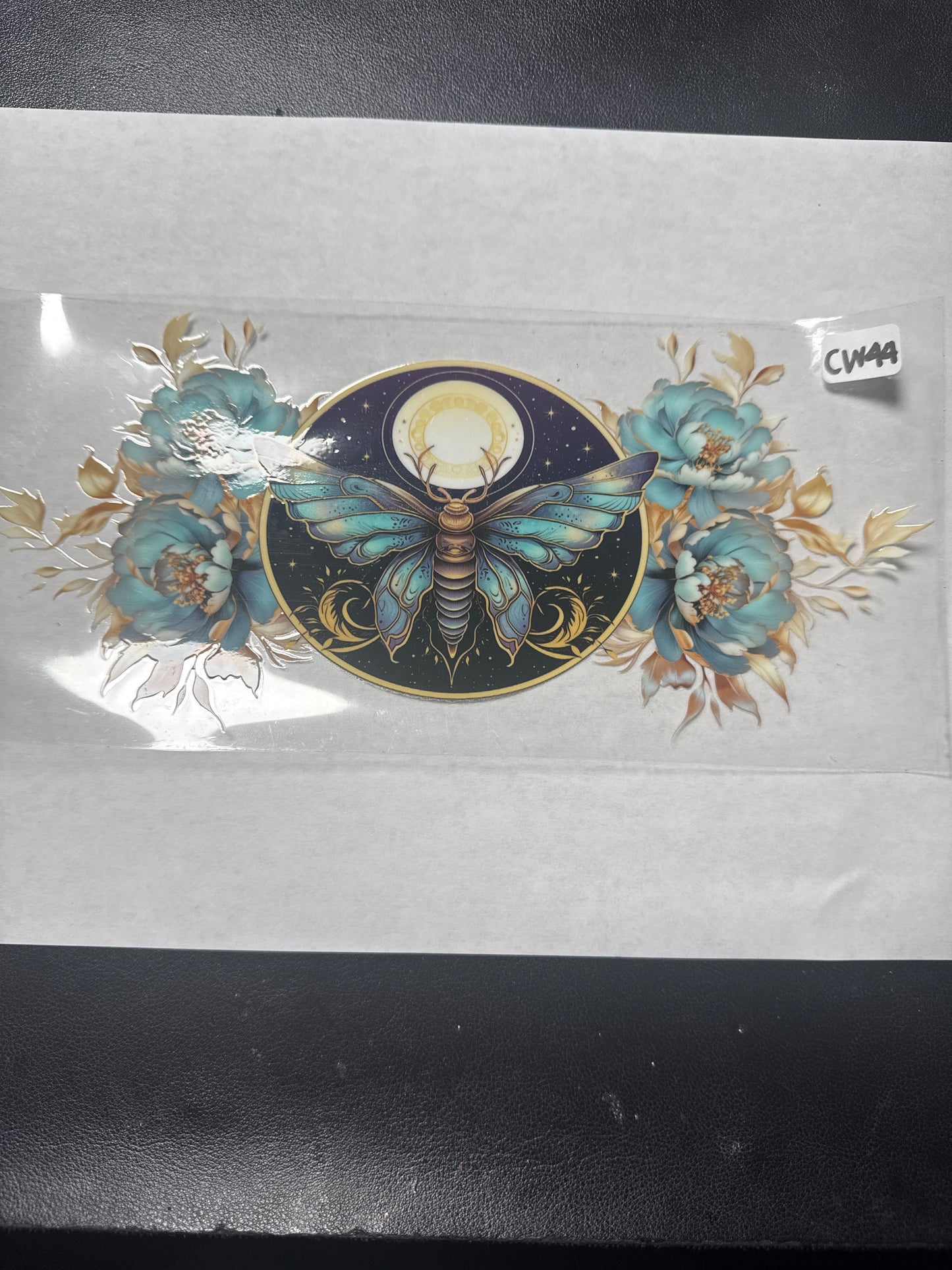 CW44 Blue and gold moth with flowers crystal witchy style uvdtf wrap