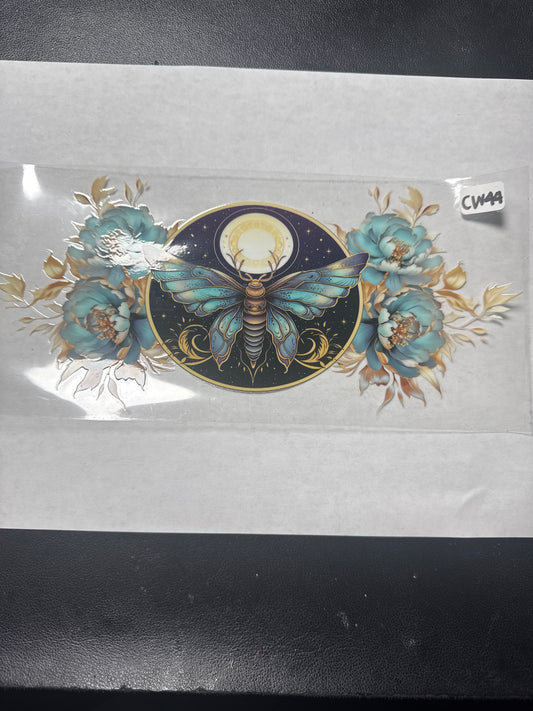 CW44 Blue and gold moth with flowers crystal witchy style uvdtf wrap