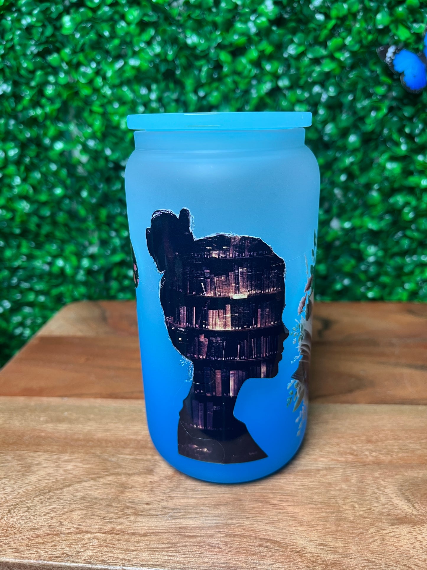 16oz Butterfly Books Girl UVDTF Glass Cup