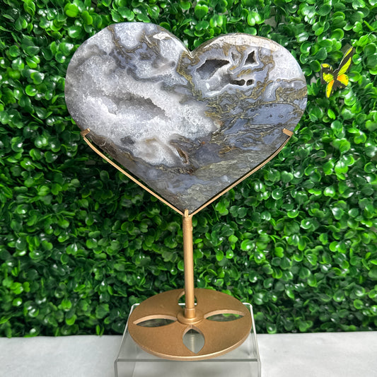 Large statement Moss Agate Heart on a stand