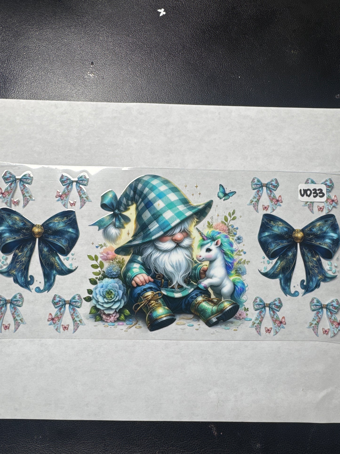 UD33 blue gnomes with bows and unicorn uvdtf wrap