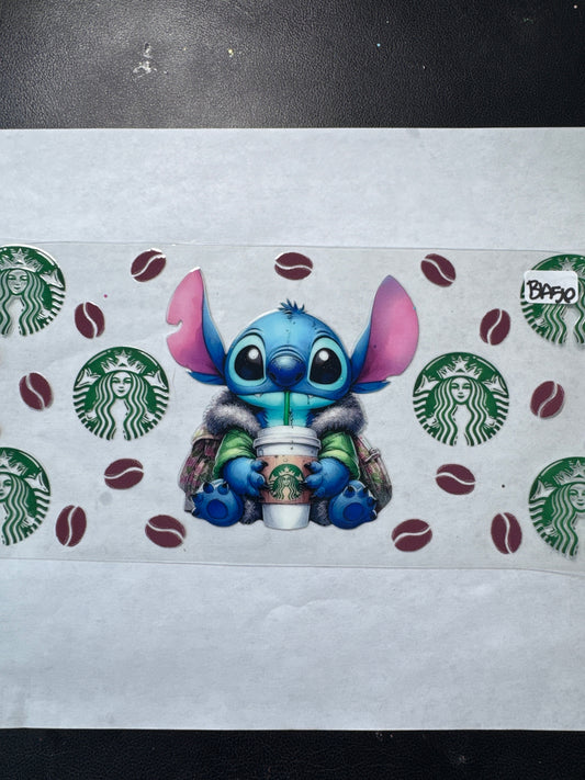 BA 56 Blue alien with coffee and fur coat uvdtf wrap