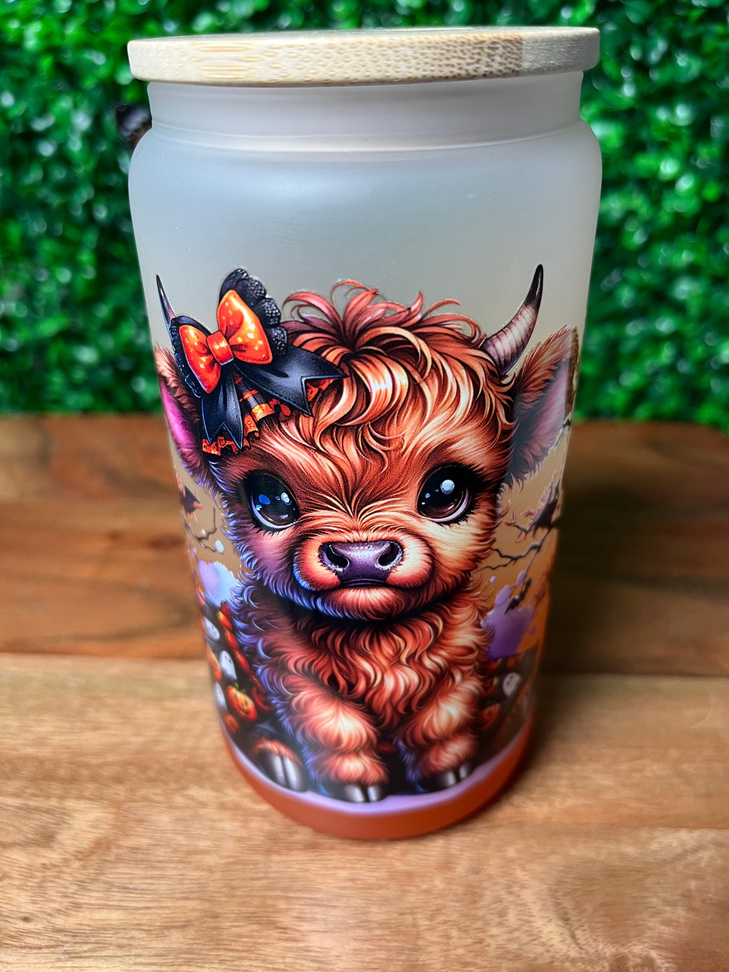 16oz Halloween Highland Cow UVDTF Glass Cup