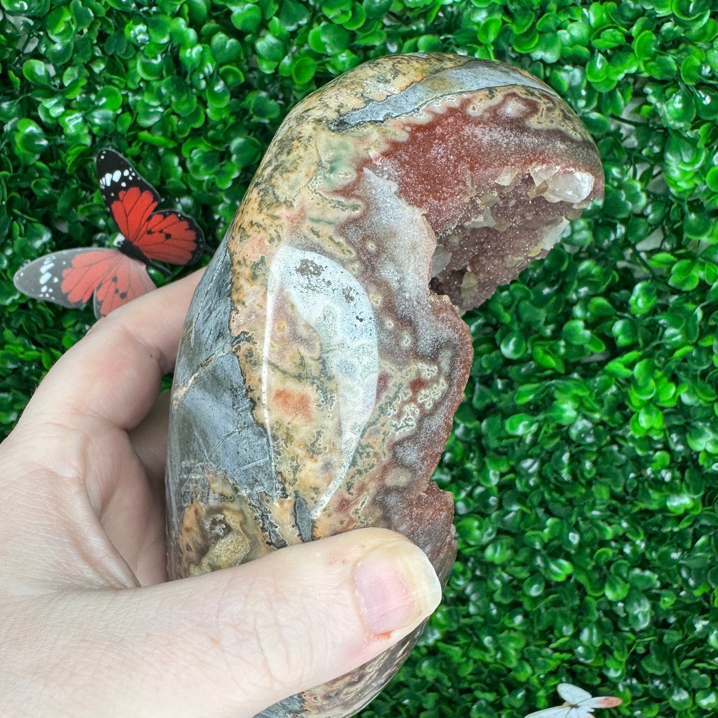 Statement Red Amethyst Freeform on a stand with red Jasper and calcite inclusions