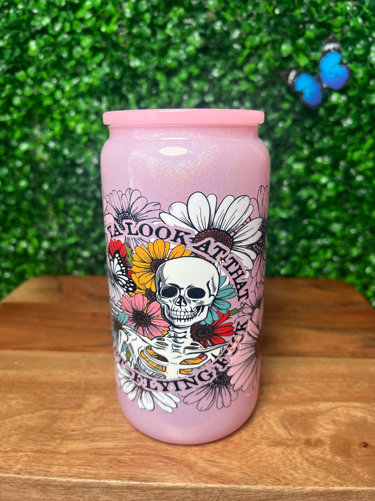 16oz Funny Skull Flowers UVDTF Glass Cup