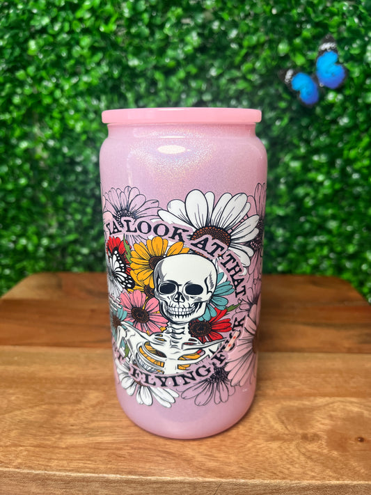 16oz Funny Skull Flowers UVDTF Glass Cup