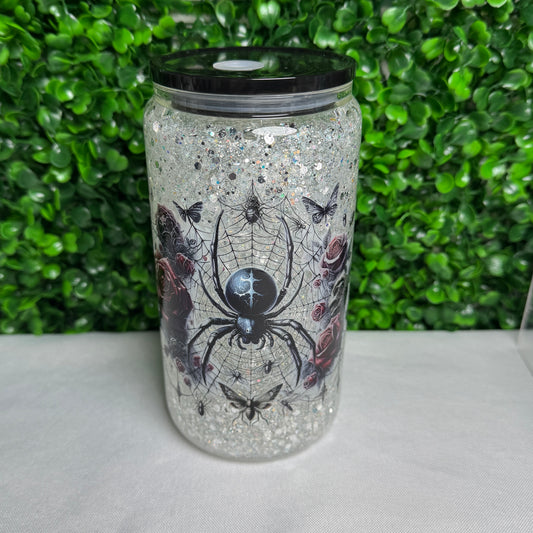 16oz Glass Spider UVDTF snowglobe glitter cup