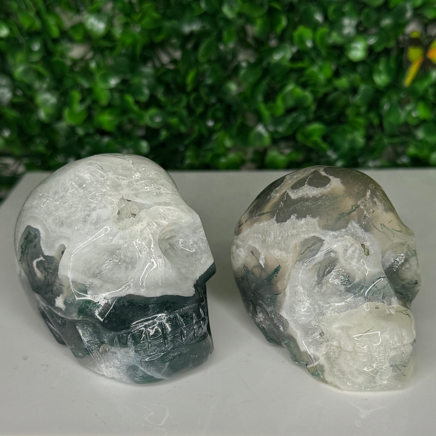 Moss Agate Skull Carvings