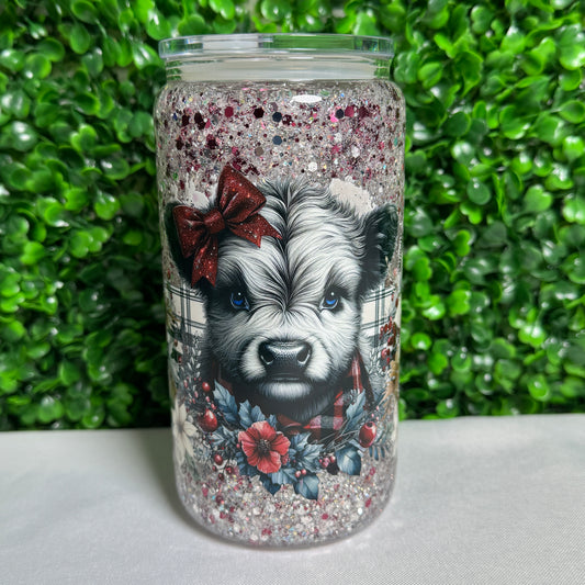 16oz Glass Highland Cow UVDTF glitter snowglobe cup