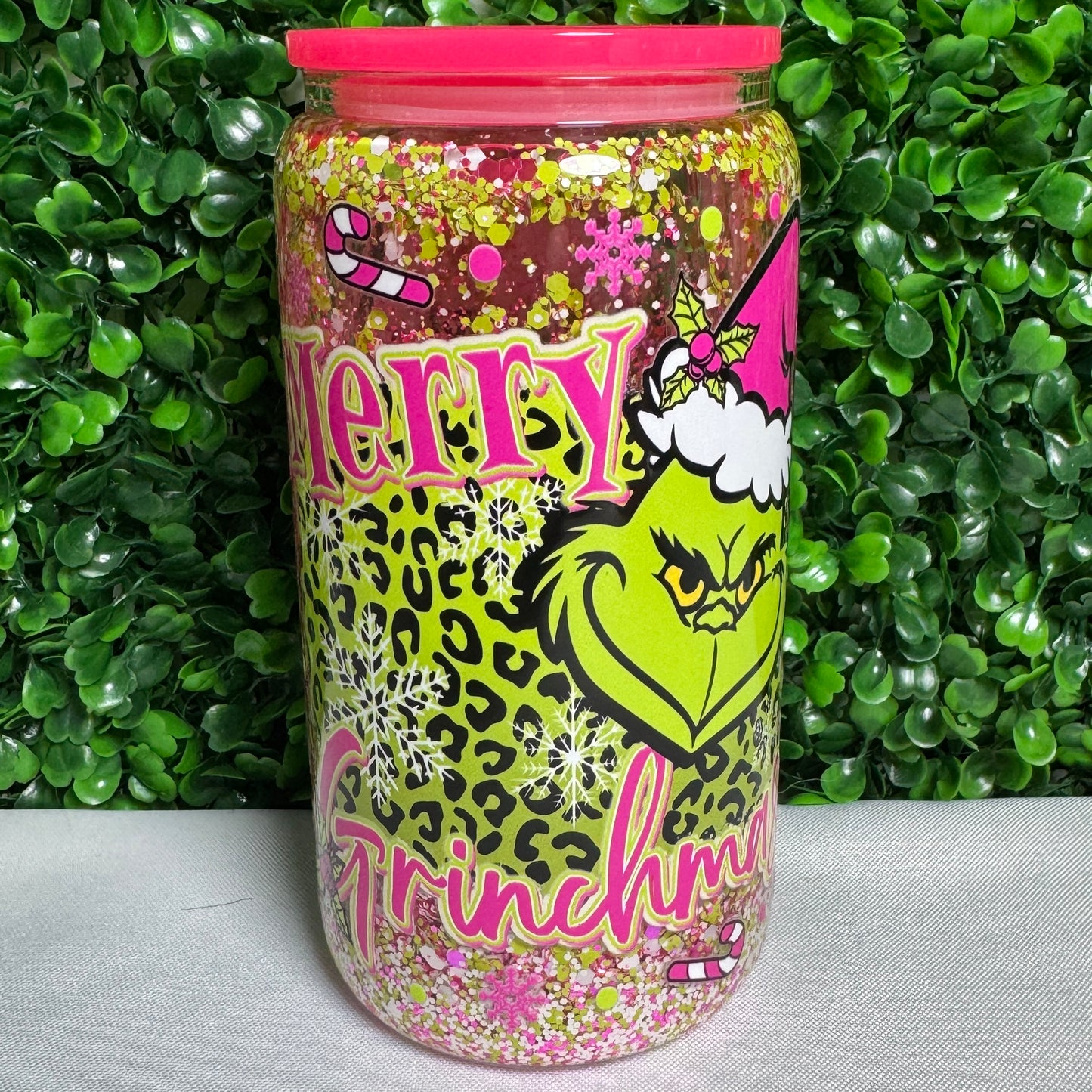 16oz Glass Grumpy Green Man UVDTF glitter snowglobe cups