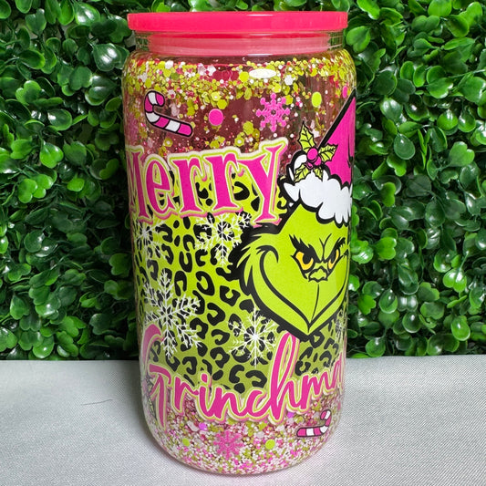 16oz Glass Grumpy Green Man UVDTF glitter snowglobe cups