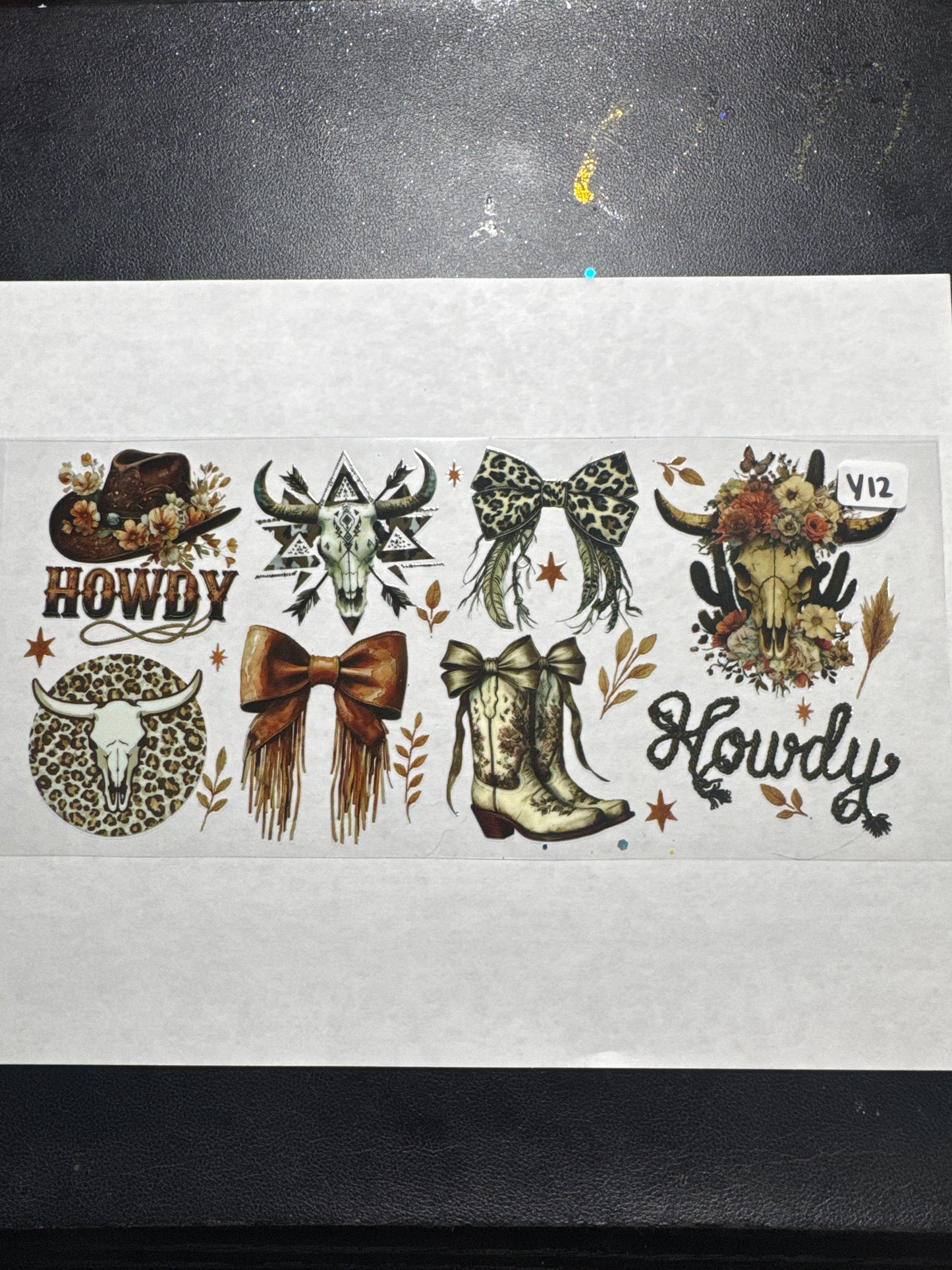 Y12 country western style uvdtf wrap with cowboy boots, hats, bows and skulls