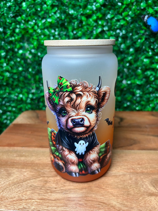 16oz Highland Cow Halloween UVDTF Glass Cup