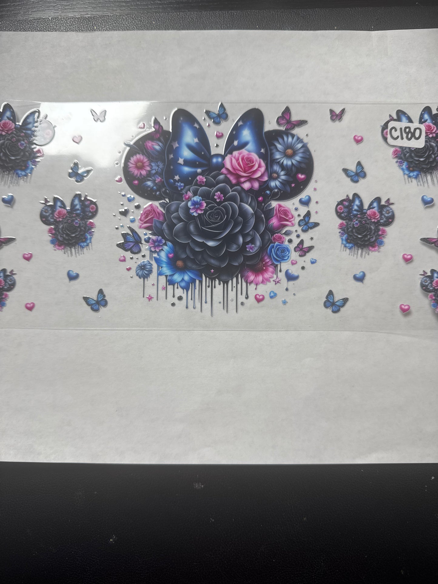 C180 dark blue black and pink mouse ears with flowers uvdtf wrap