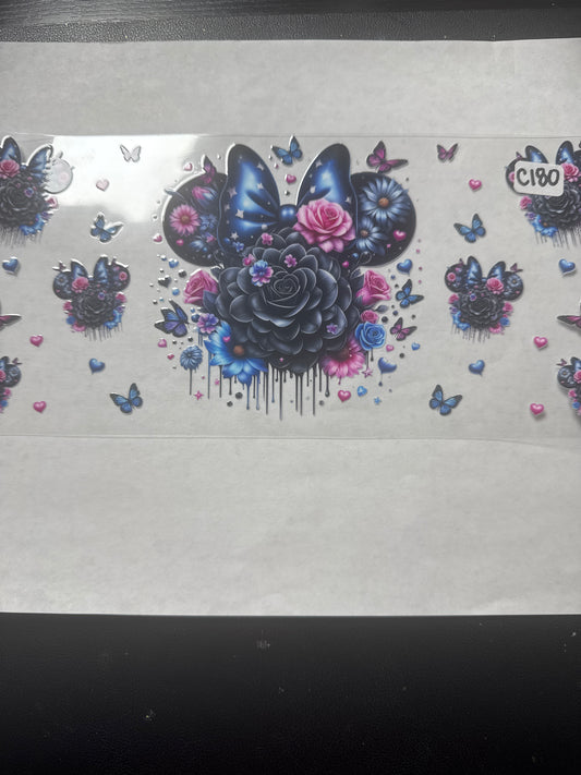 C180 dark blue black and pink mouse ears with flowers uvdtf wrap