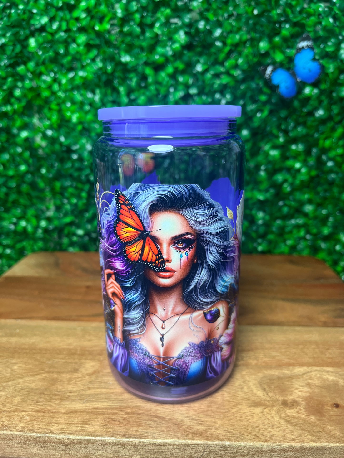 16oz Girl Flowers Butterfly UVDTF Glass Cup
