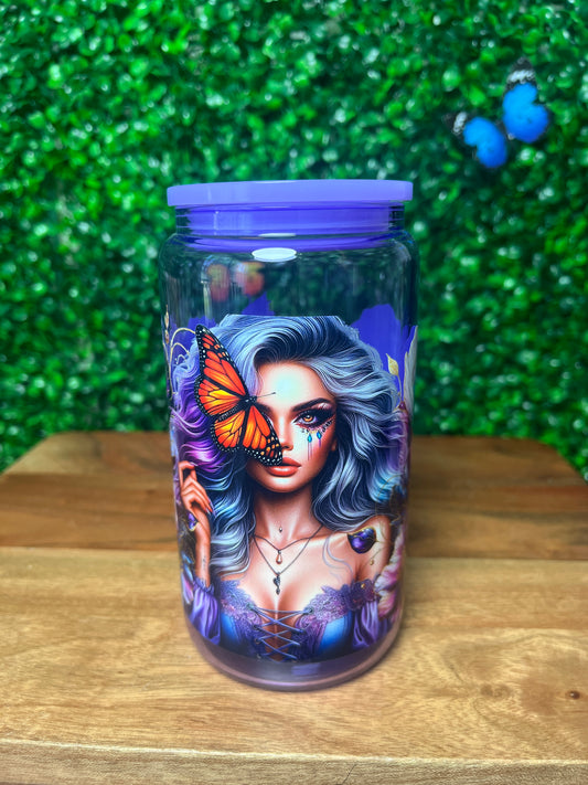 16oz Girl Flowers Butterfly UVDTF Glass Cup