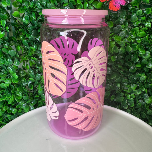 16oz Glass Light Pink Leaf UVDTF Cup