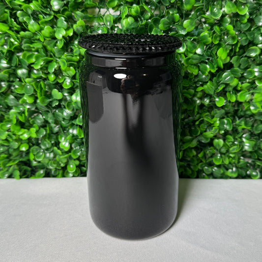 16oz Black Glass Cup with Rhinestone lid