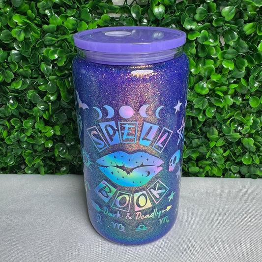 16oz Glass Spellbook Witchy UVDTF glitter snowglobe cup