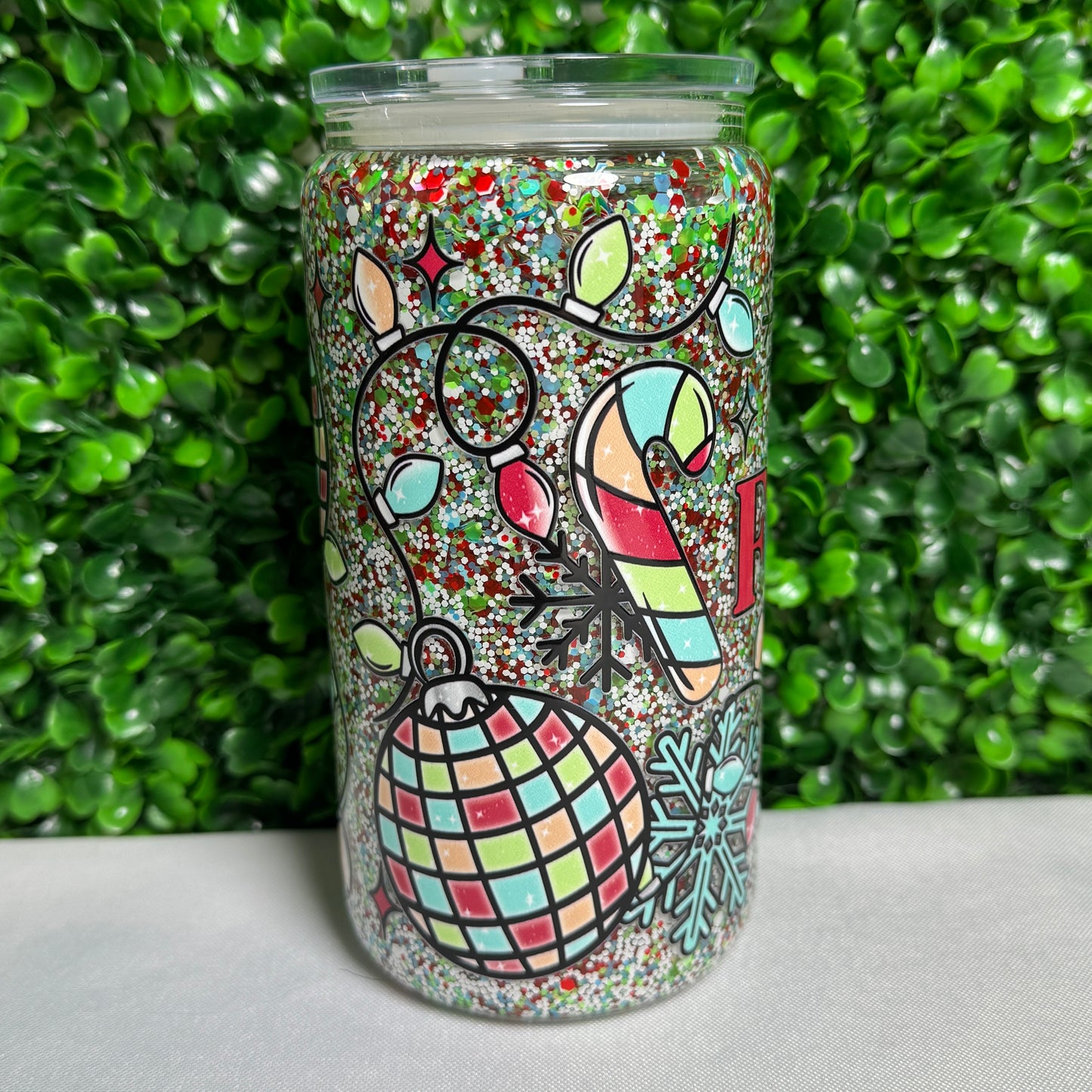16oz Glass Festive AF UVDTF glitter snowglobe cup