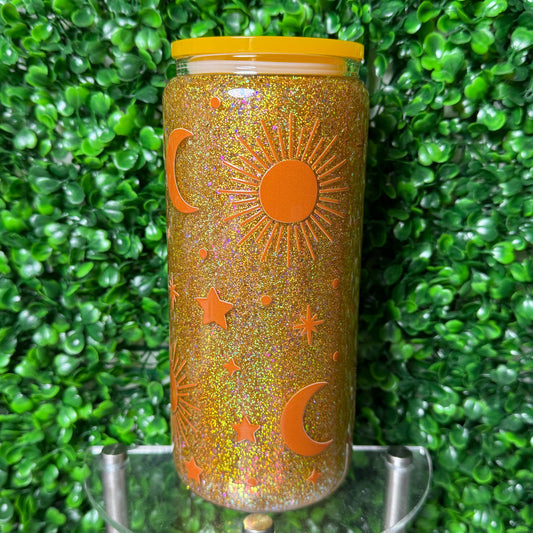20oz Glass Sun and Moon UVDTF glitter Snowglobe cup