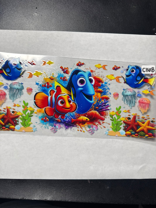 C168 blue and orange fish character uvdtf wrap