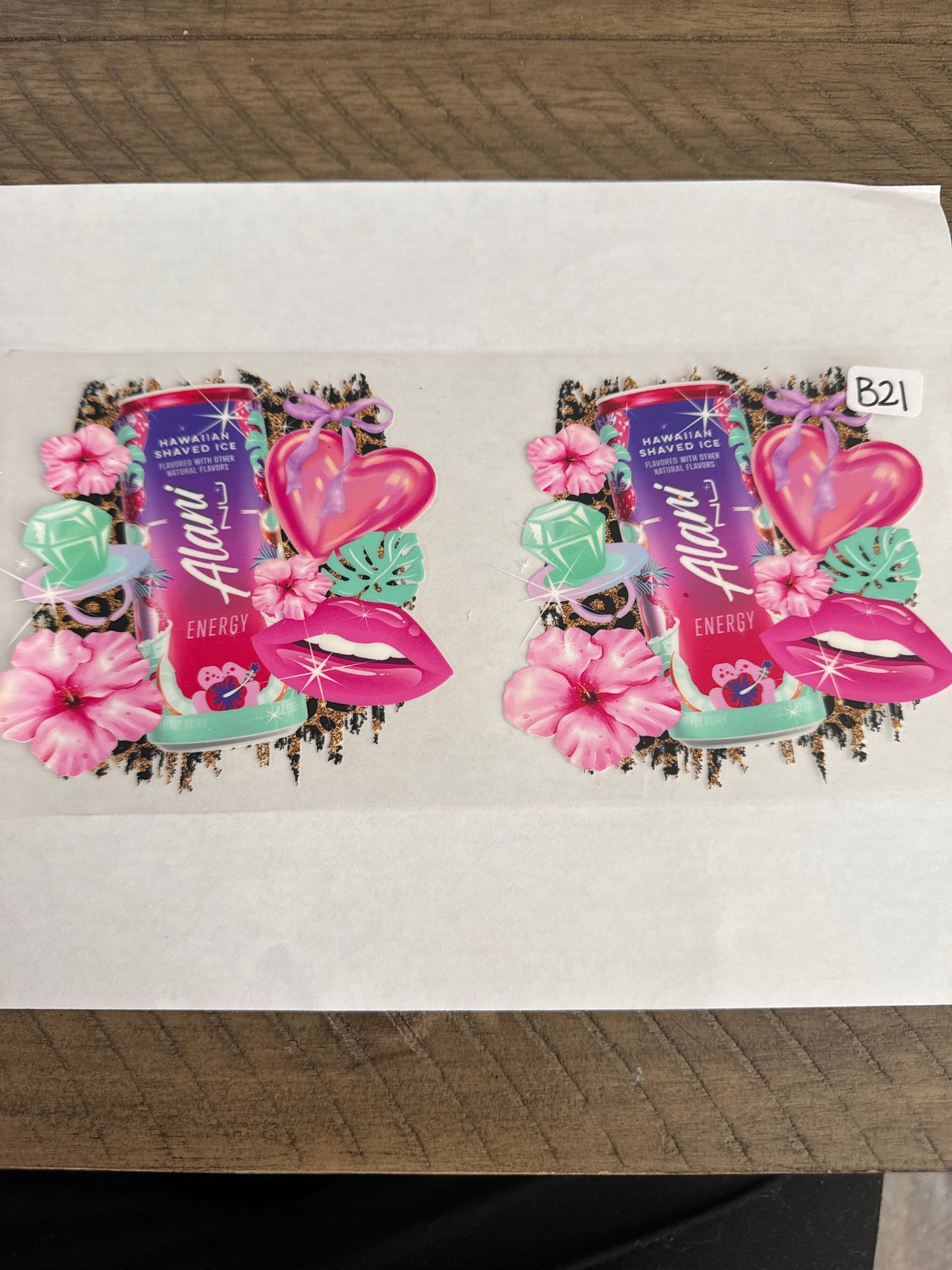 B21 pink energy drink with flowers uvdtf wrap