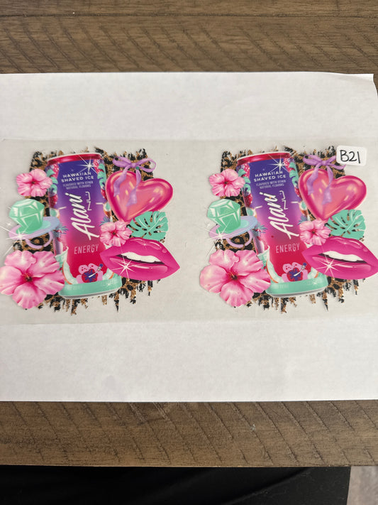 B21 pink energy drink with flowers uvdtf wrap