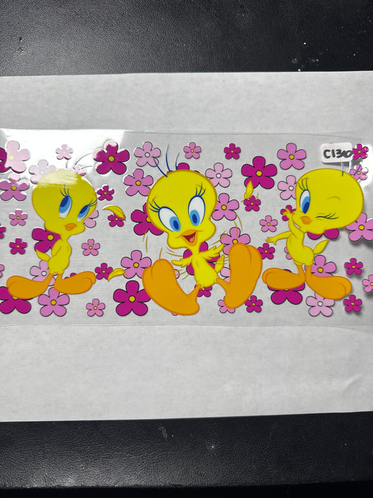 C136 yellow bird character with pink flowers uvdtf wrap