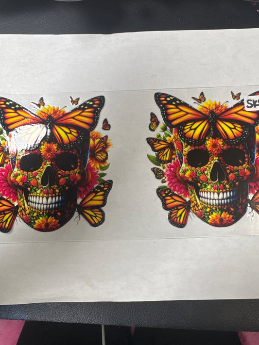SK8 orange skulls with butterflies and flowers